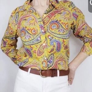 Lauren Ralph Lauren Paisley Top Sz M/P Button Up Shirt 3/4 Sleeve Yellow multi